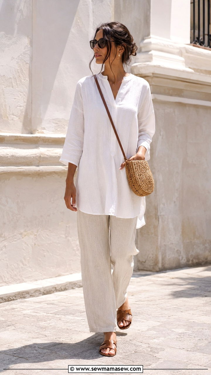 White Tunic Top With Straight Linen Pants - 25 Modest outfit ideas for humid weather