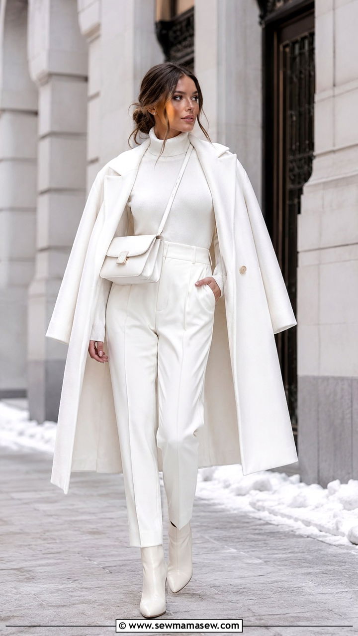 White Turtleneck And Tailored Pants - 30 Monochromatic white outfits