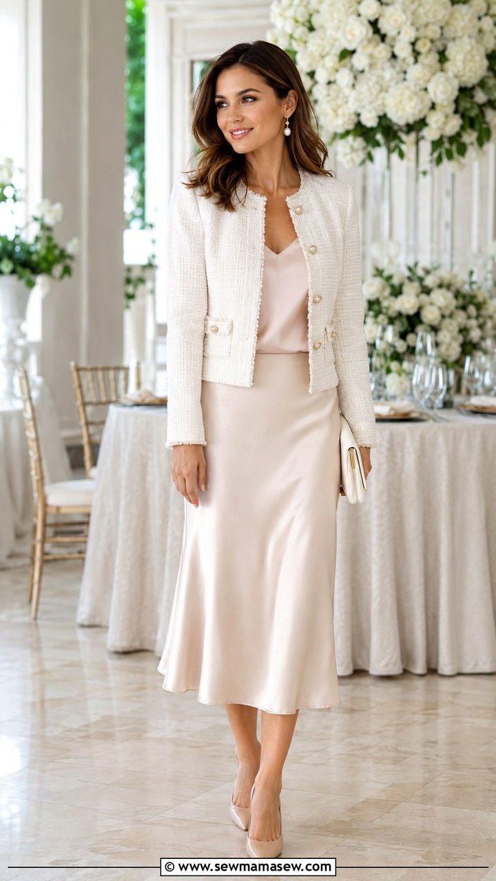 White Tweed Jacket with Champagne Satin Skirt - 30 chic office outfits for women