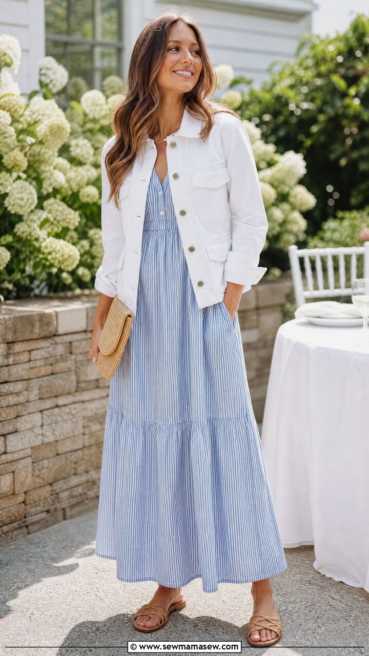 White Twill Utility Jacket With Maxi Dress Outfit - 30 Summer outfits with utility jacket