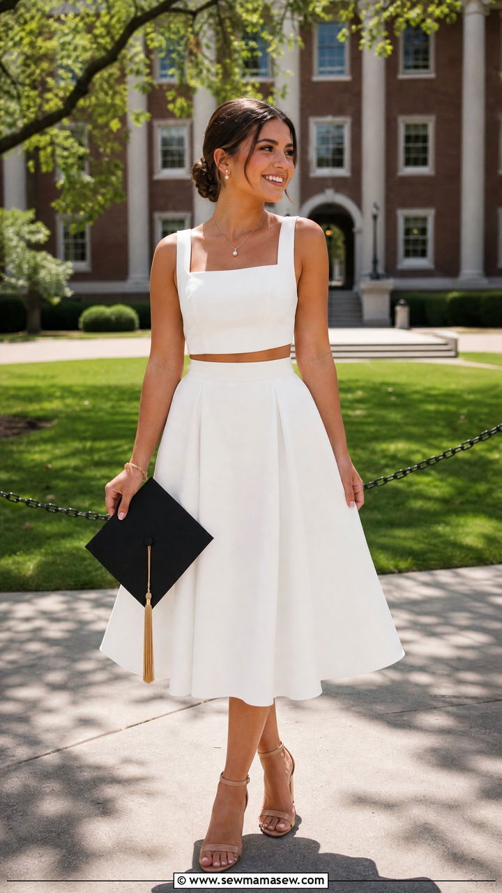 White Two Piece Crop Top and Skirt Graduation Outfit - 30 Cute graduation outfits