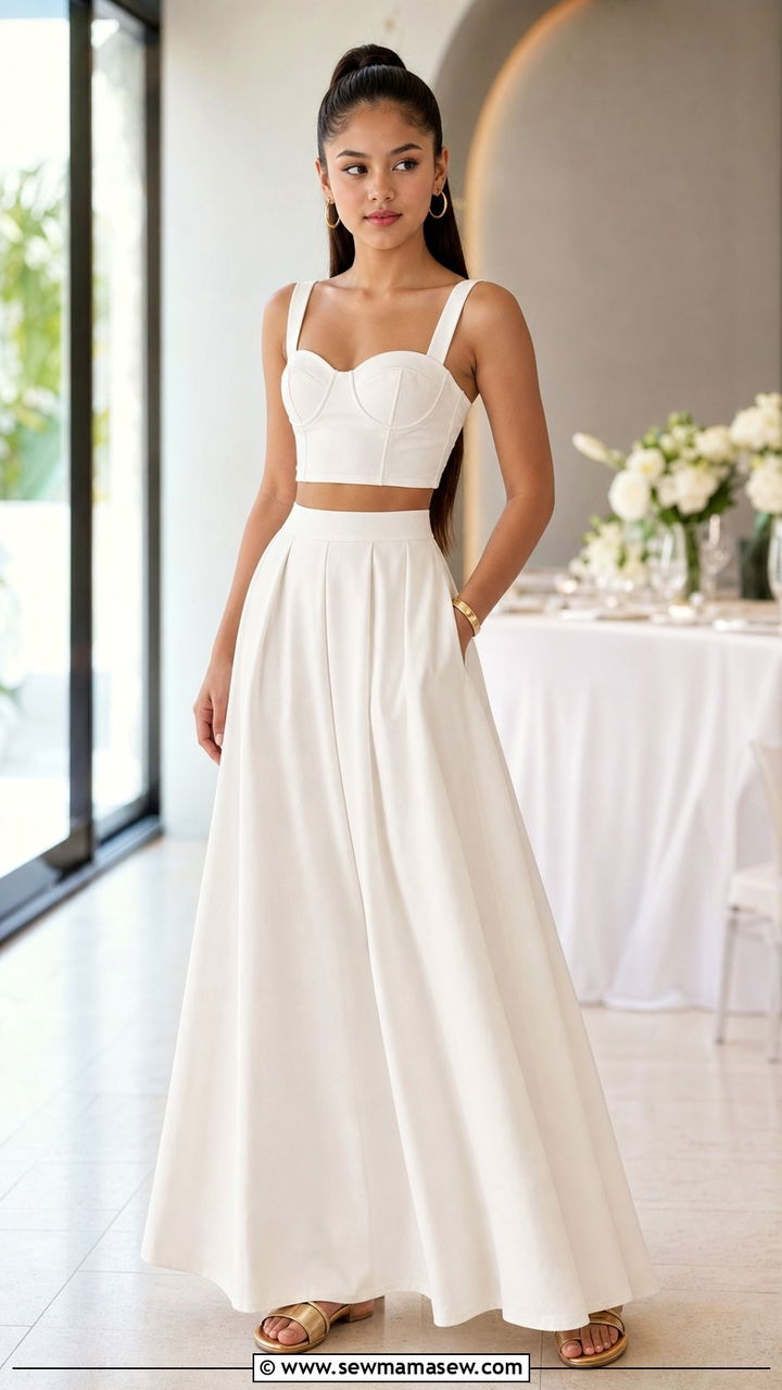 White Two Piece Crop Top and Skirt Set with Metallic Sandals - 25 Debutante ball outfit ideas