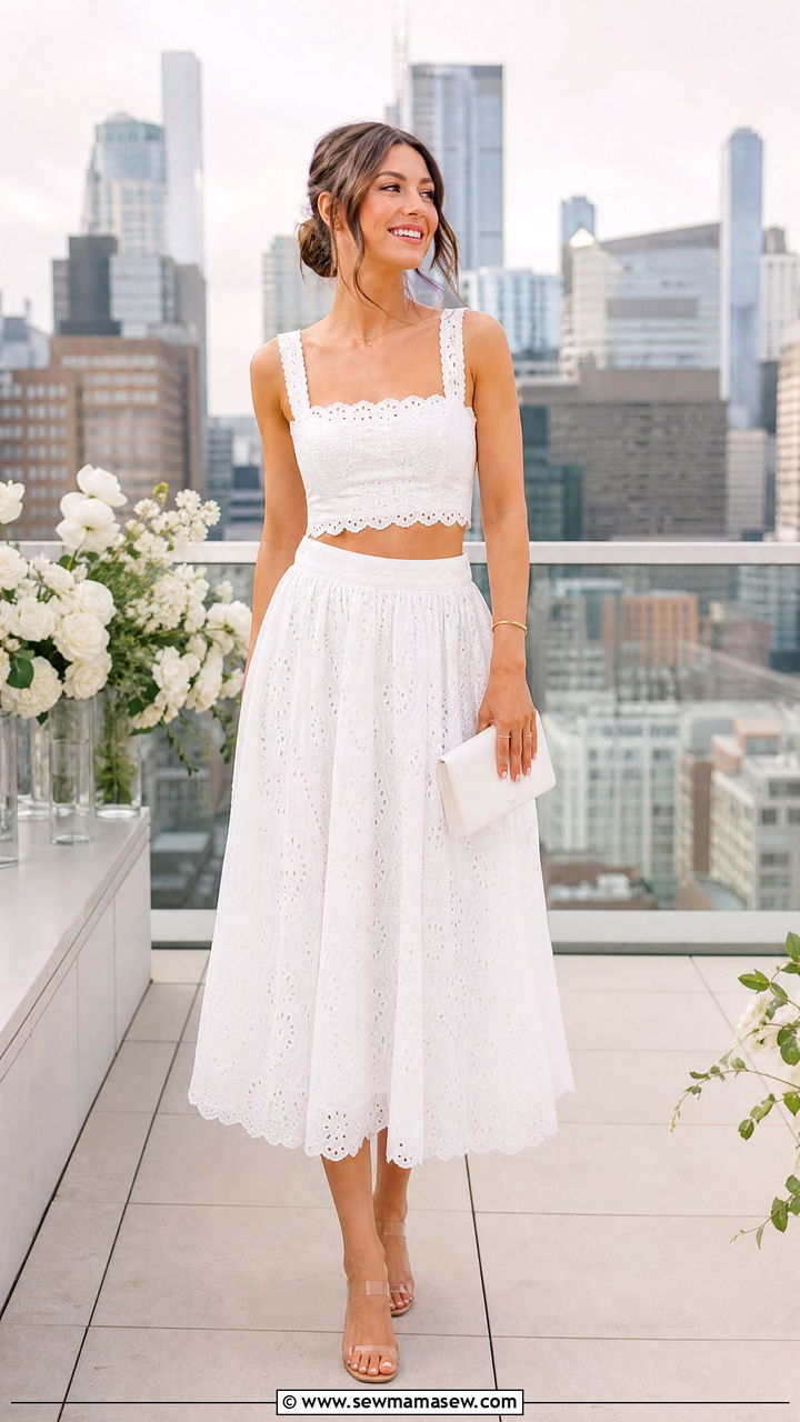 White Two Piece Set With Strappy Stilettos - 30 cute bridal shower outfits
