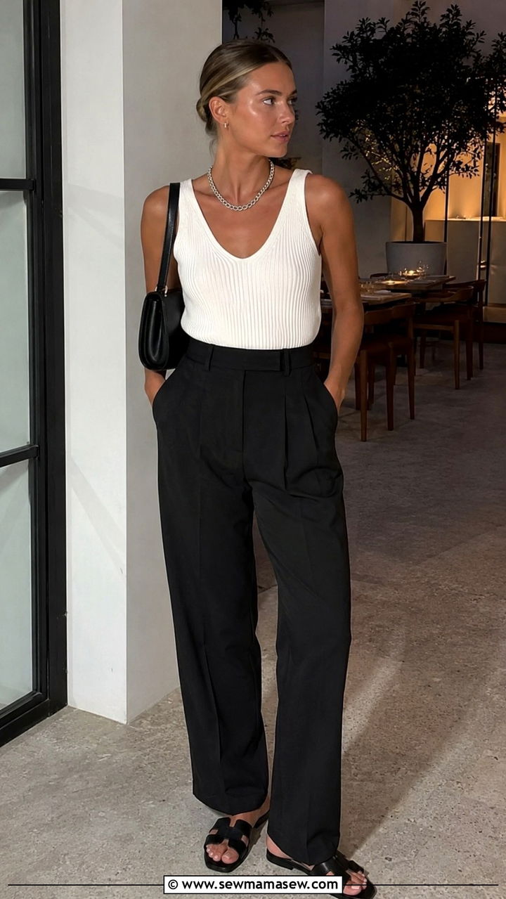 White Vest Top With Tailored Black Trousers - 30 Scandi minimalist outfit ideas