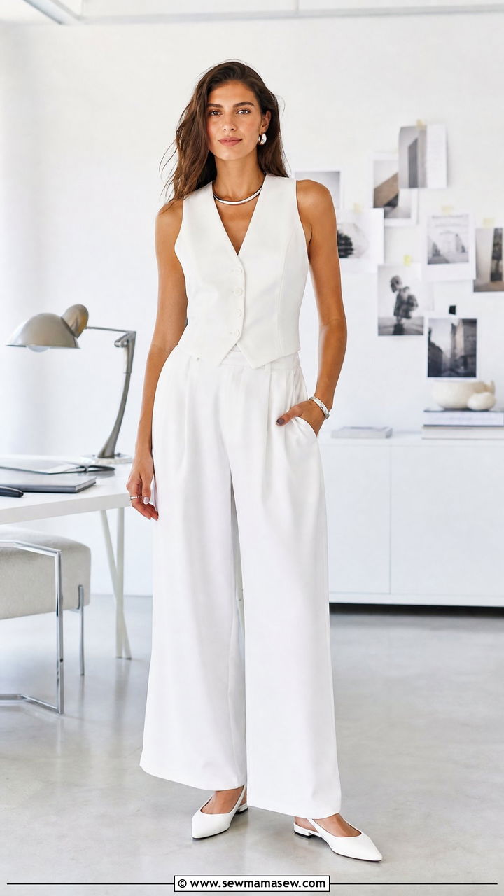 White Vest and Matching Wide Leg Pants Outfit - 30 Summer white outfit ideas
