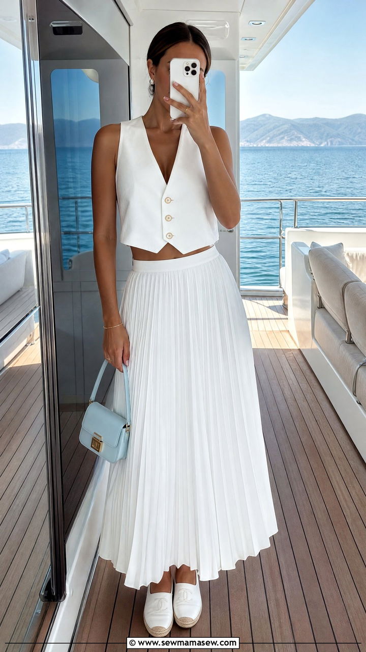 White Vest and Pleated Skirt Two Piece Set Outfit - 25 Yacht outfit ideas 2026