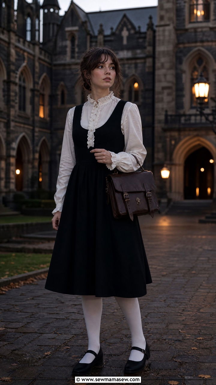 White Victorian blouse and black pinafore outfit - 30 dark academia outfits ideas