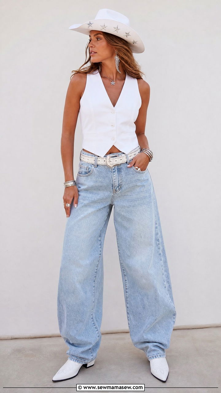 White Waistcoat Baggy Jeans Star Cowboy Hat - 25 Beyonce concert outfit ideas
