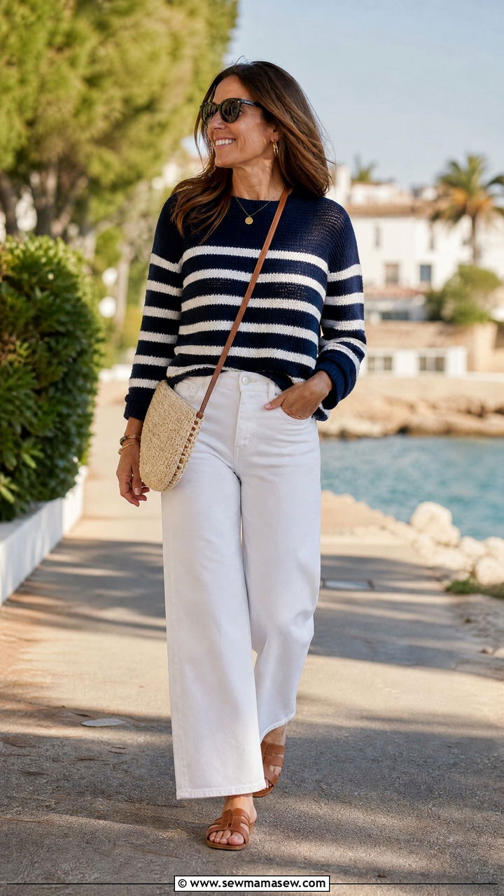 White Wide Leg Jeans With Navy Striped Sweater - 35 jeans outfits for women over 40