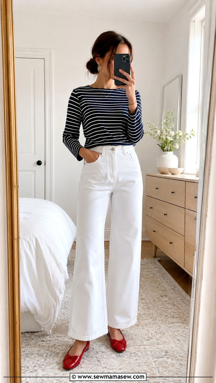 White Wide Leg Jeans With a Striped Boatneck Top - 25 May outfit ideas