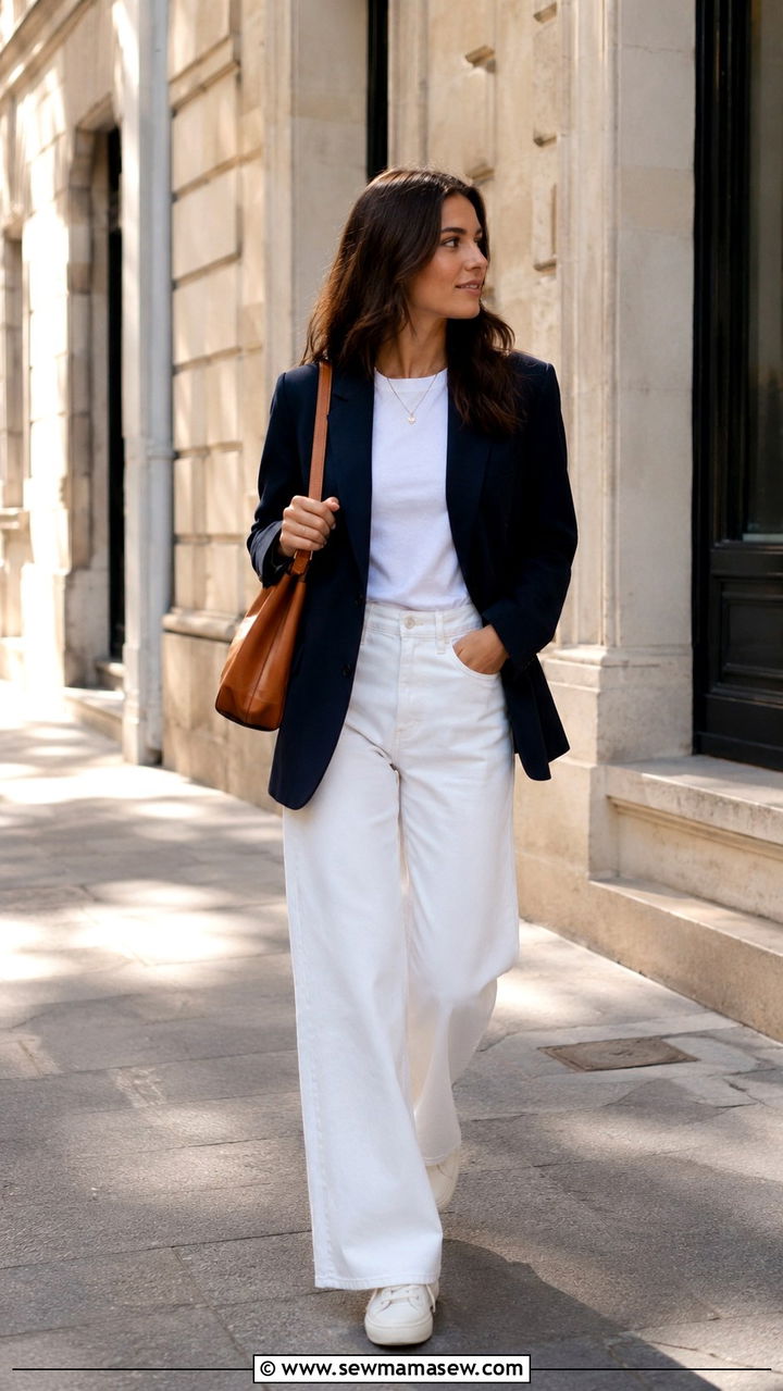 White Wide Leg Jeans with Navy Blazer and White Sneakers - 30 Parisian street style outfit ideas