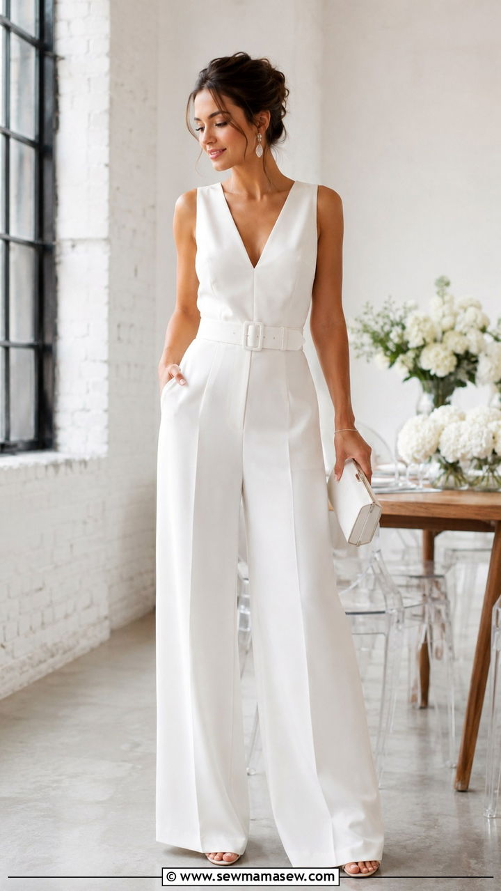 White Wide Leg Jumpsuit With Belt And Clutch - 30 chic bridal shower outfits for women