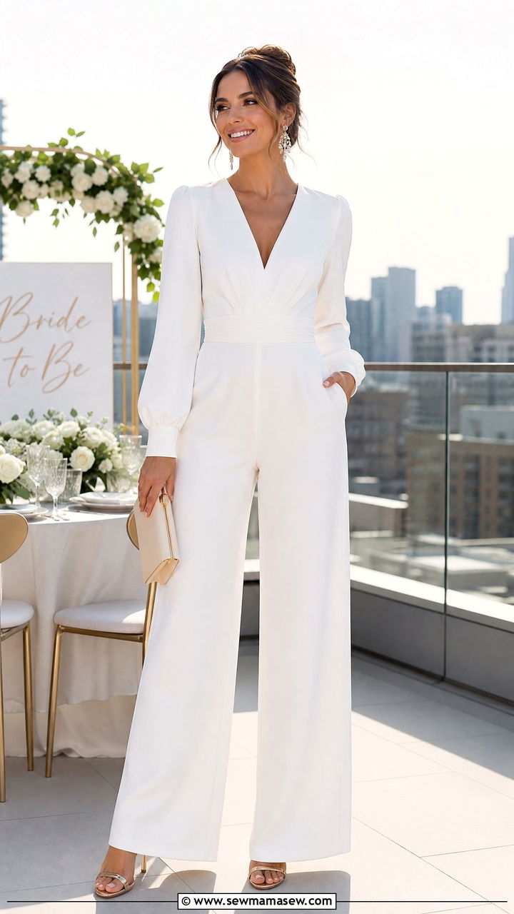 White Wide Leg Jumpsuit for Bridal Shower - 25 modest bridal shower outfit ideas