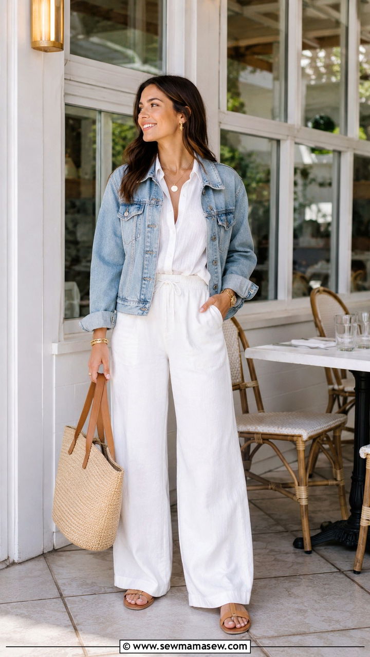 White Wide Leg Linen Pants With Denim Jacket - 30 Modest outfit ideas with wide leg pants