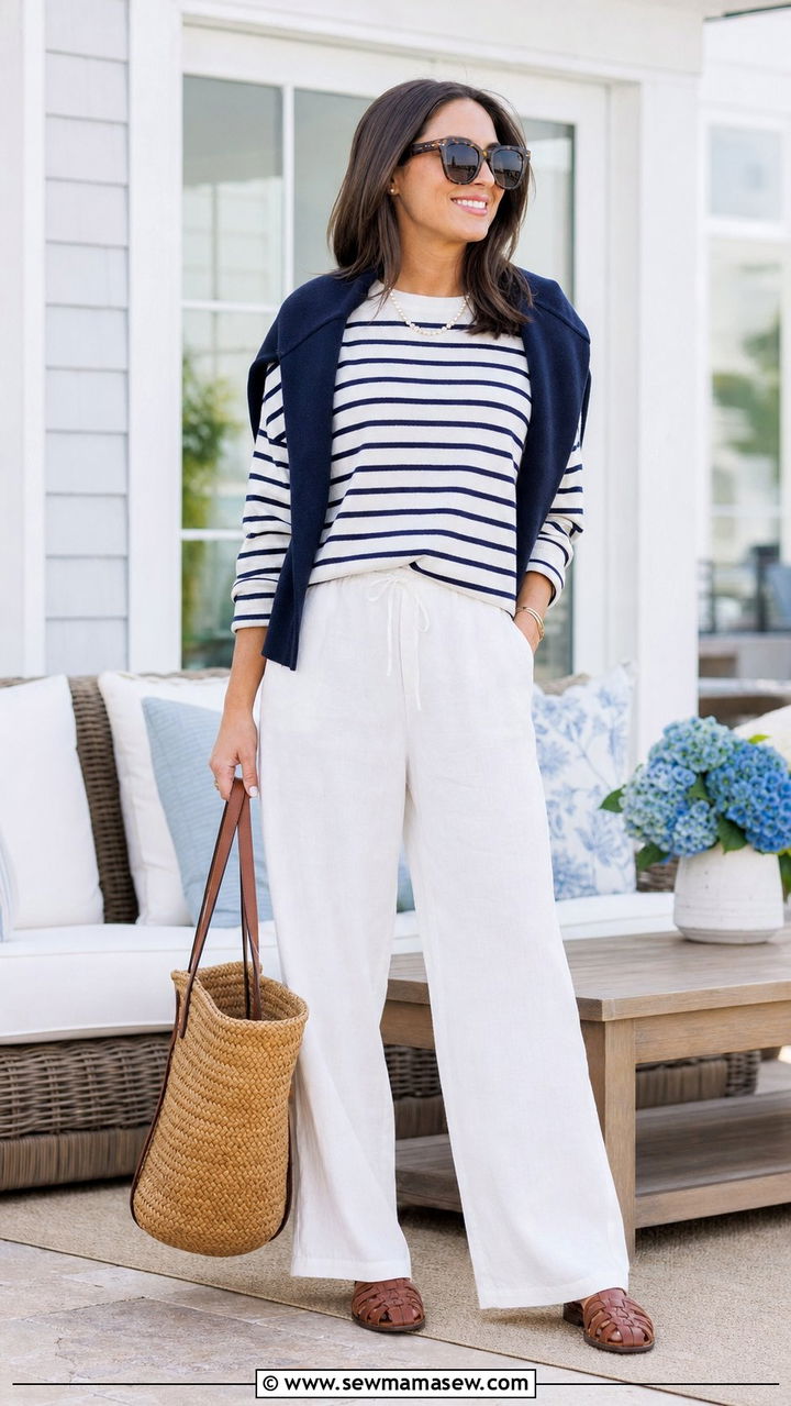 White Wide Leg Linen Pants With Navy And White Striped Sweater - 25 spring coastal grandmother outfit ideas