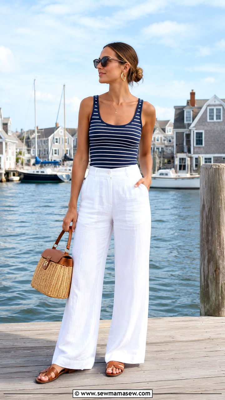 White Wide Leg Linen Pants With Navy Stripe Tank - 30 Nantucket outfit ideas 2026
