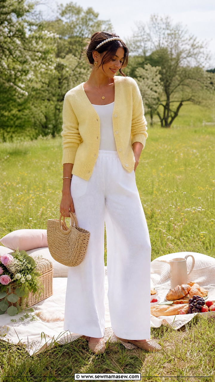 White Wide Leg Linen Pants With Pastel Cardigan and Woven Flats - 25 Spring outfits with linen pants