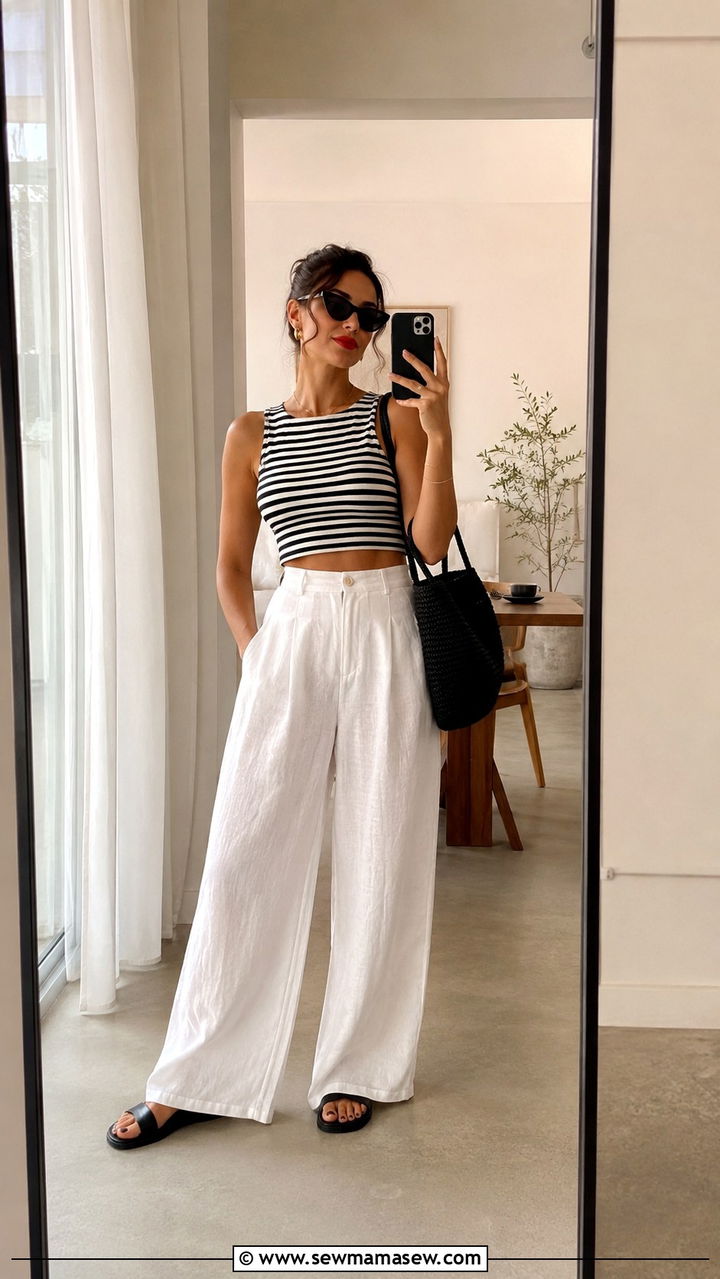 White Wide Leg Linen Pants With Striped Crop Top - 25 Wide leg linen pants outfit ideas with a crop top