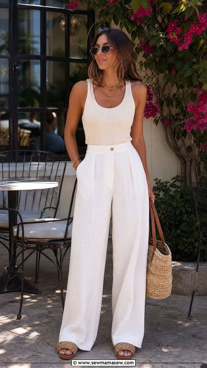 White Wide Leg Linen Pants with a Ribbed Tank and Layered Gold Chains - 25 Brunch outfit ideas with linen pants
