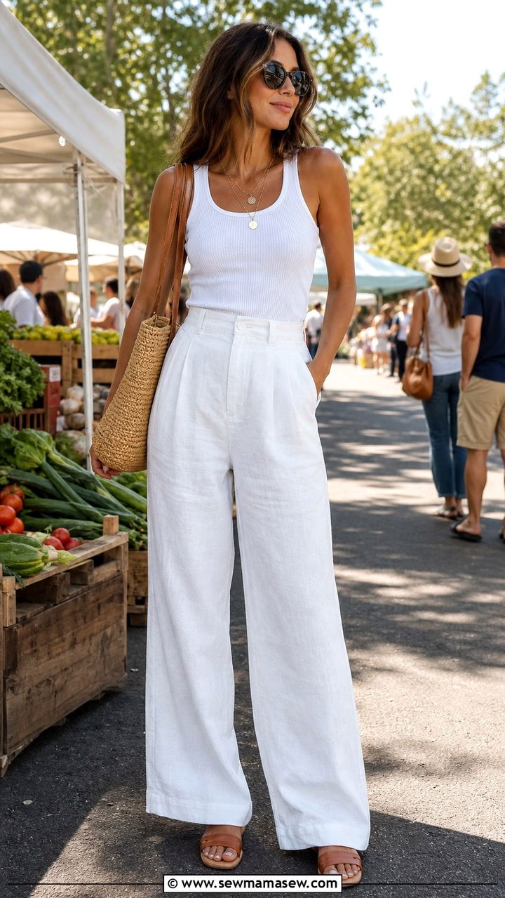 White Wide Leg Linen Pants with a Ribbed Tank and Layered Gold Chains - 40 linen pants outfit ideas for women