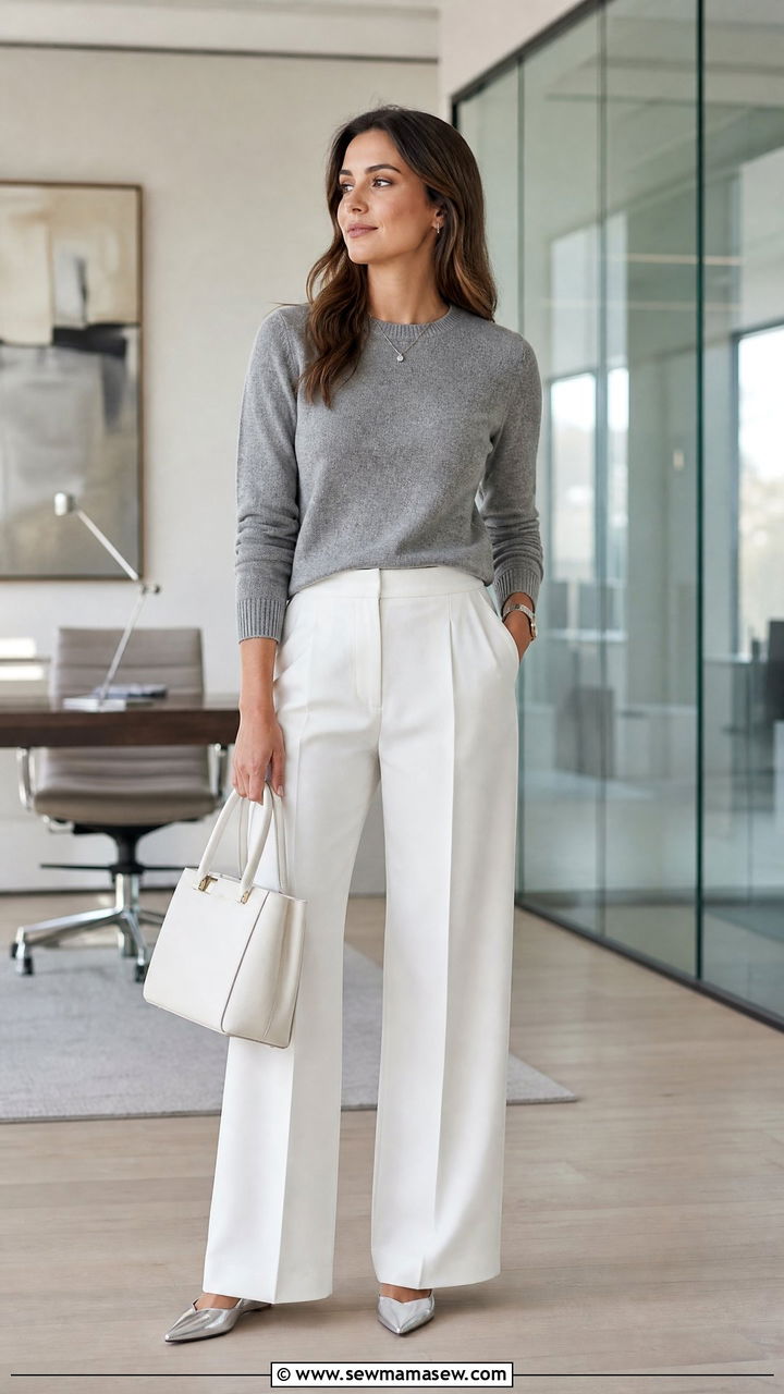 White Wide Leg Pants And Gray Sweater - 35 Minimalist outfit ideas for work