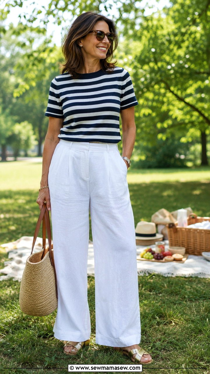 White Wide Leg Pants And Striped Top Picnic Outfits - 30 Picnic outfits for women over 40