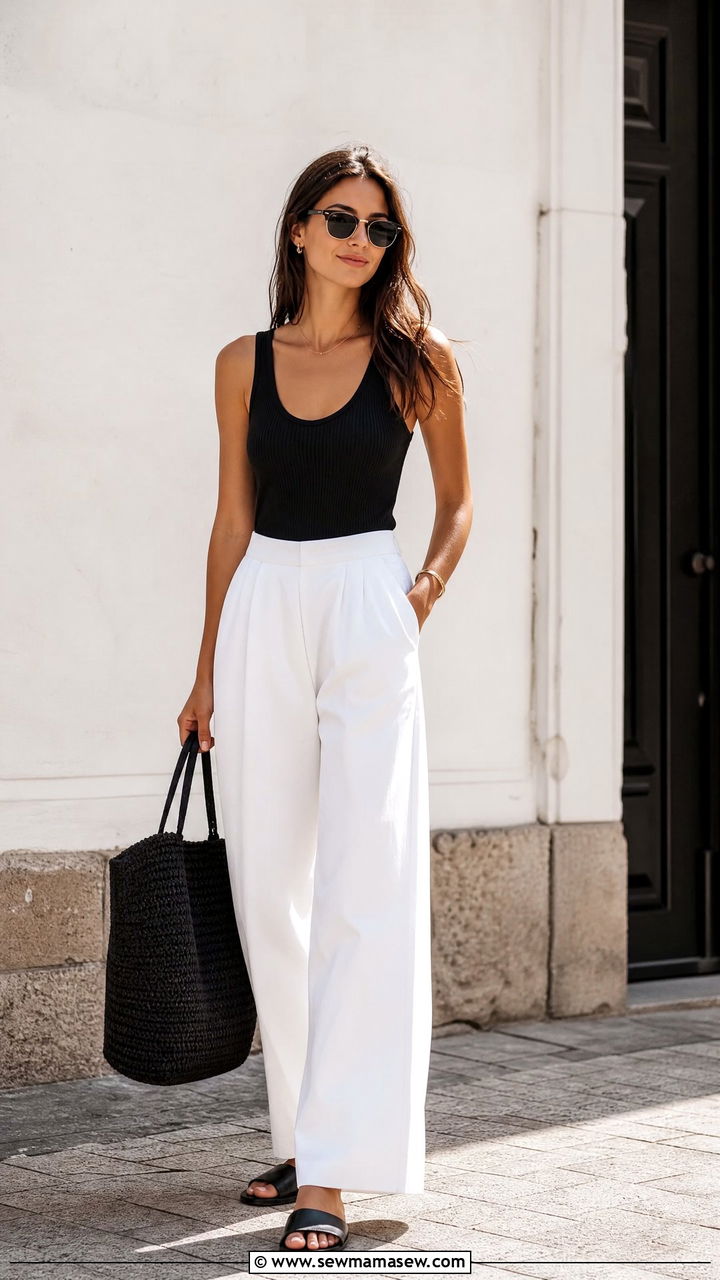 White Wide Leg Pants With Black Tank Top - 30 summer wide leg pants outfit ideas