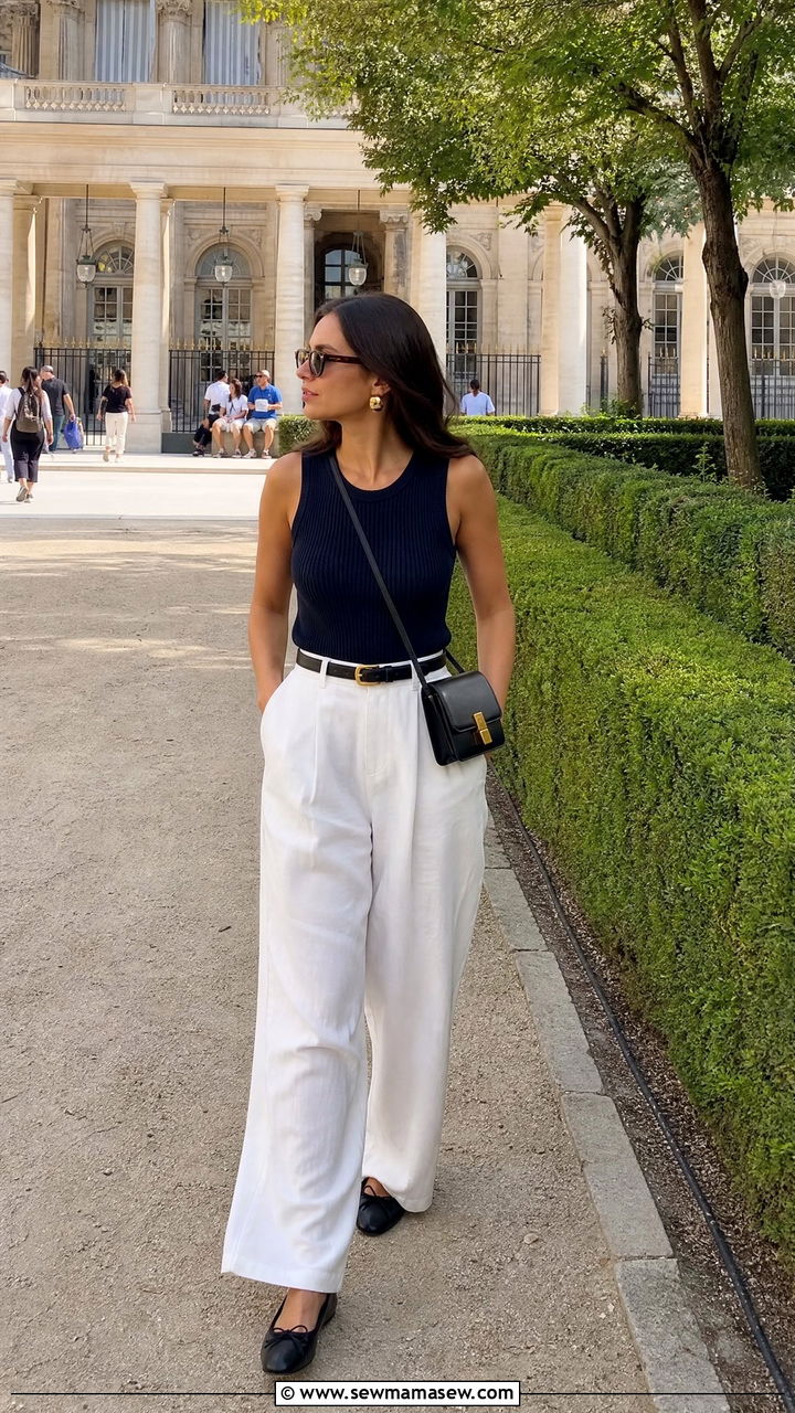 White Wide Leg Pants With Navy Knit Tank - 30 summer paris trip outfit ideas