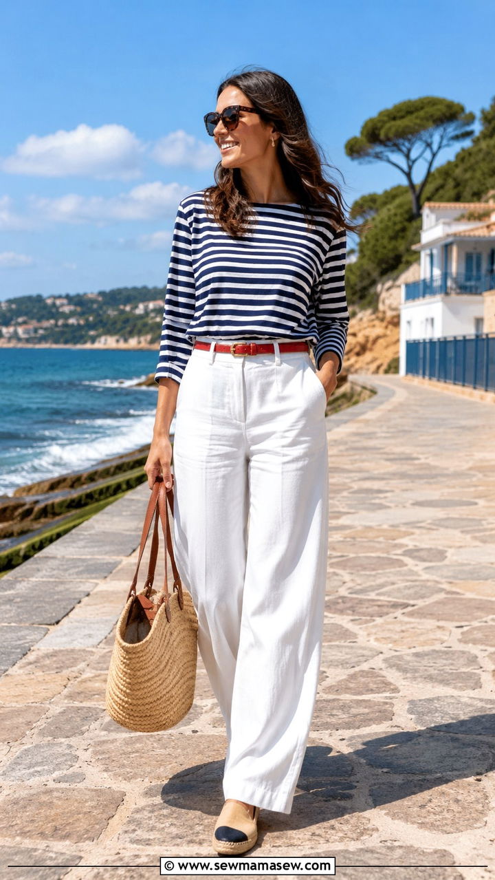 White Wide Leg Pants With Navy Stripe Breton Top - 30 Modest outfit ideas with wide leg pants