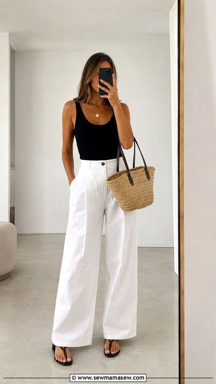 White Wide Leg Pants and Fitted Tank Outfit - 30 June outfit ideas 2026