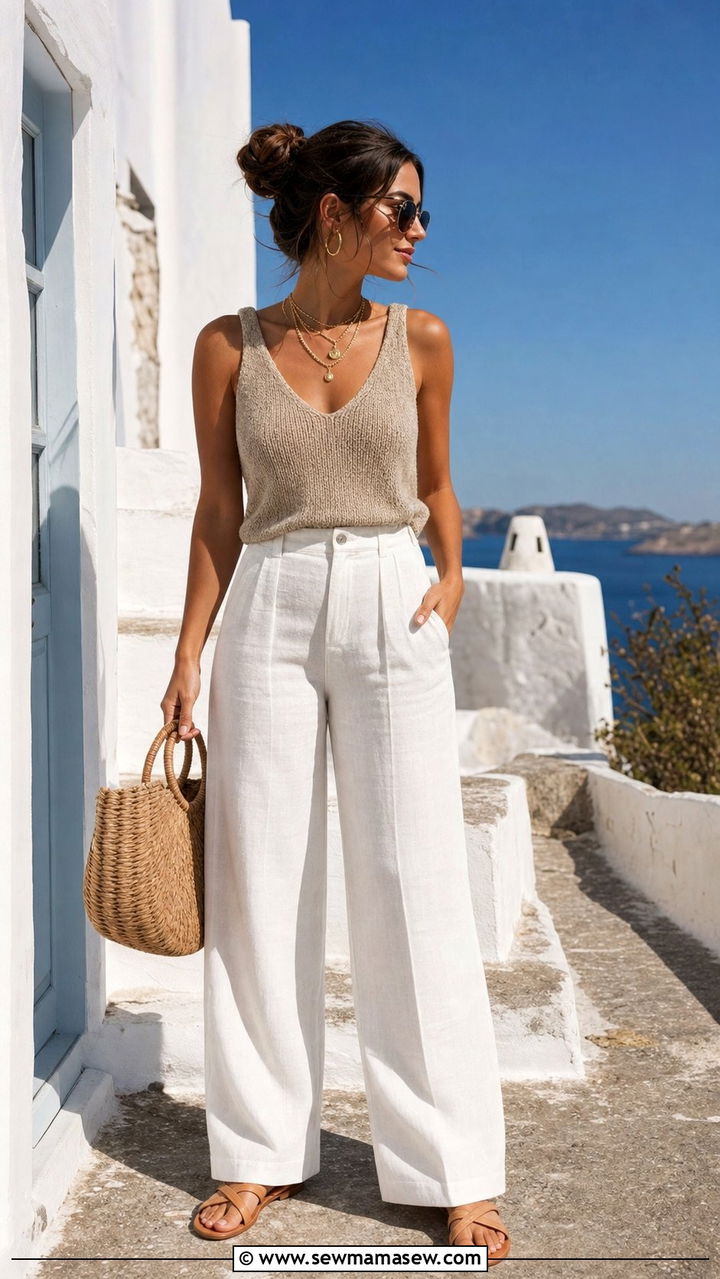 White Wide Leg Pants with Sleeveless Top and Gold Jewelry - 25 Europe travel outfits aesthetic