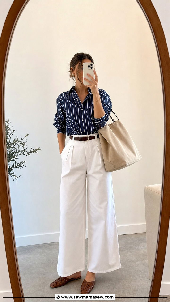 White Wide Leg Pants with Striped Button Down - 25 Spring Sunday outfit ideas