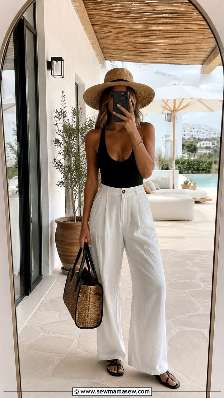 White Wide Leg Pants with a Black Bodysuit Beach Look - 30 casual beach vacation outfits