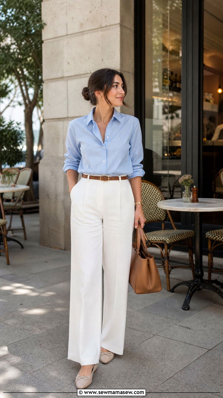 White Wide Leg Trousers With Light Blue Shirt - 30 modest classy outfits for women