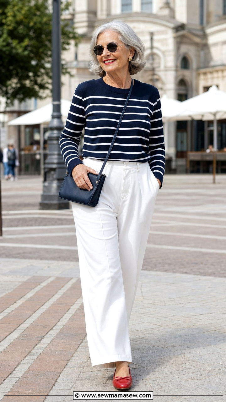 White Wide Leg Trousers With Navy Striped Sweater and Red Ballet Flats - 35 Business casual outfits for women over 60
