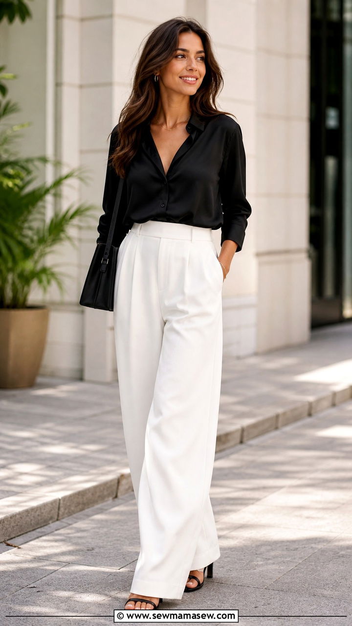 White Wide Leg Trousers with Black Silk Blouse - 40 Boss lady outfit ideas