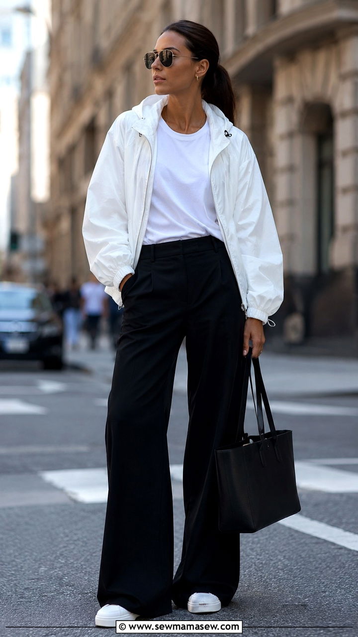 White Windbreaker Outfit With Black Wide Leg Pants and Aviators - 30 cute windbreaker outfits