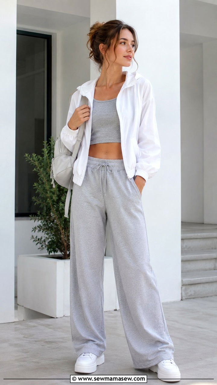 White Windbreaker Outfit With Gray Wide Leg Joggers - 30 cute windbreaker outfits