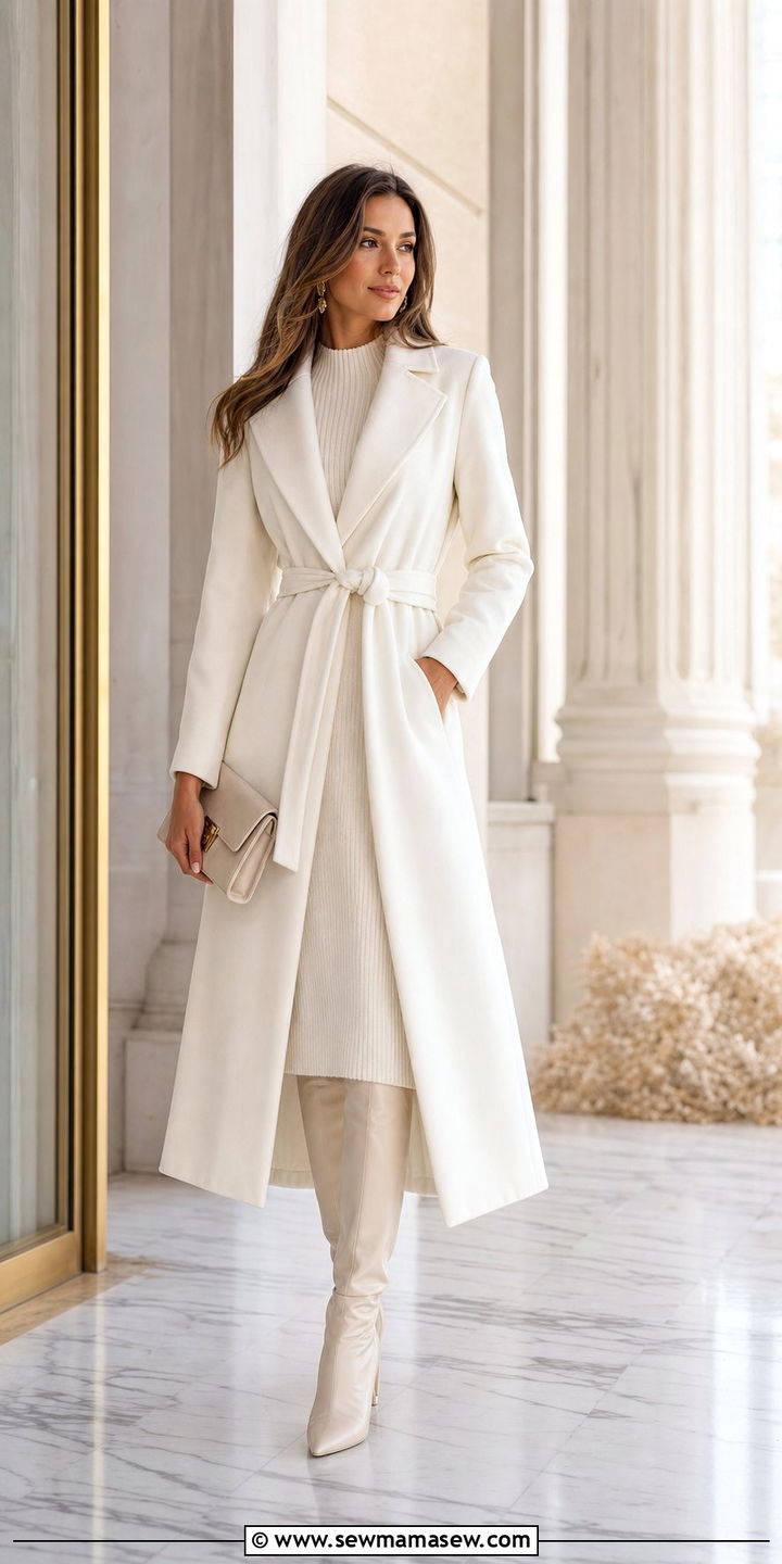 White Wrap Coat Over an Ivory Knit Dress - 25 cute quiet luxury outfits