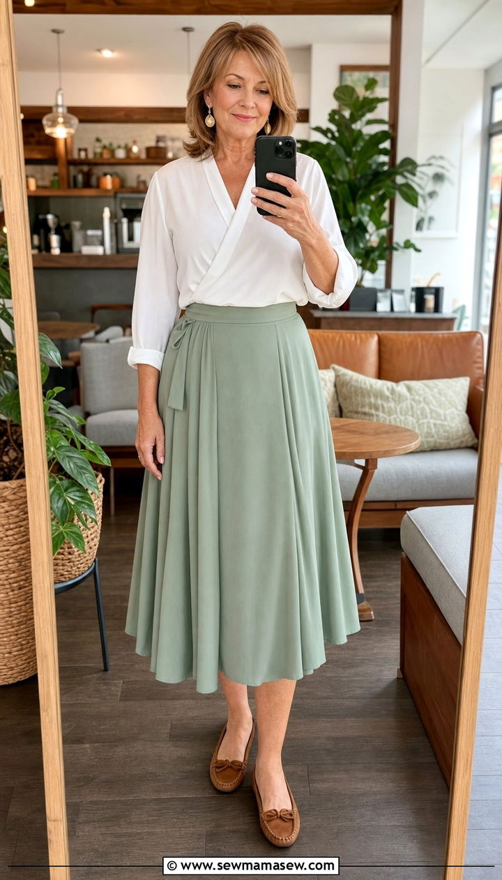 White Wrap Top With Sage Green Midi Skirt And Moccasins Outfit - 35 Brunch outfits for women over 50