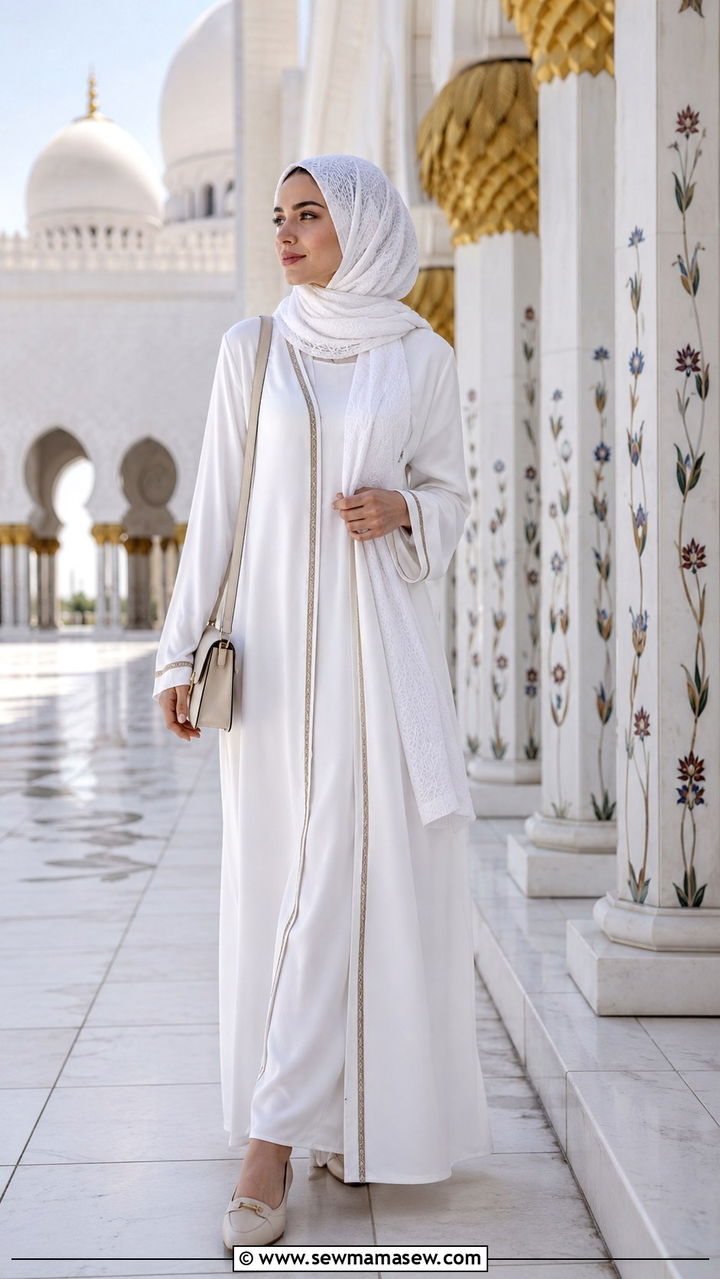 White abaya with contrast trim and shoulder bag - 20 Modest outfit ideas for mosque visit