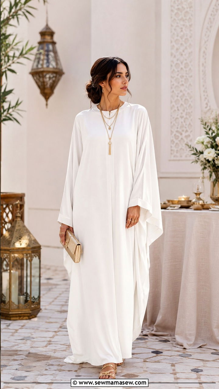 White abaya with gold accessories - 30 Modest outfit ideas for Ramadan