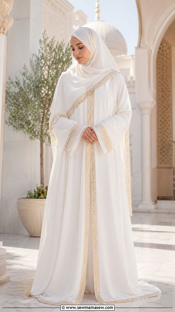 White and Gold Eid Prayer Outfit with Long Hijab - 35 Eid outfit ideas for moms