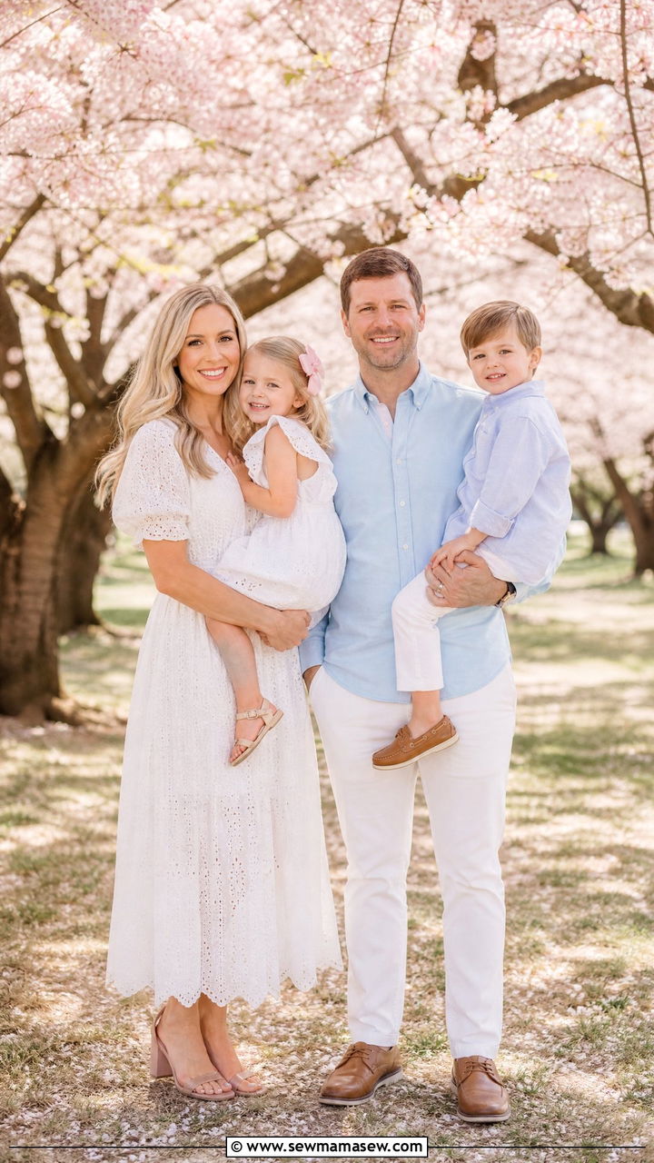 White and Pastel Outfits Under Blooming Trees - 25 Family spring photo outfit ideas