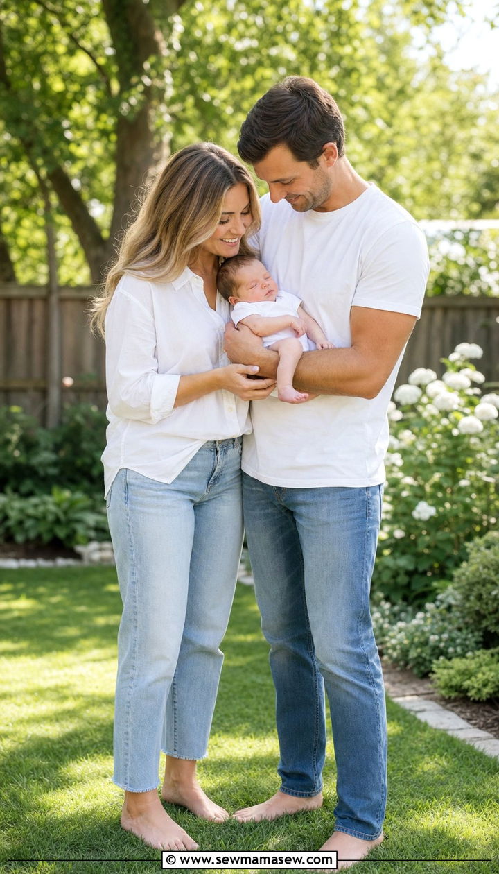 White and denim family outfit with newborn - 25 Family photo outfit ideas with newborn