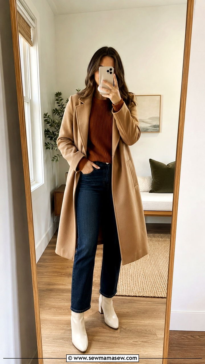 White ankle boots with dark wash jeans and camel coat - 30 transitional boots outfit ideas