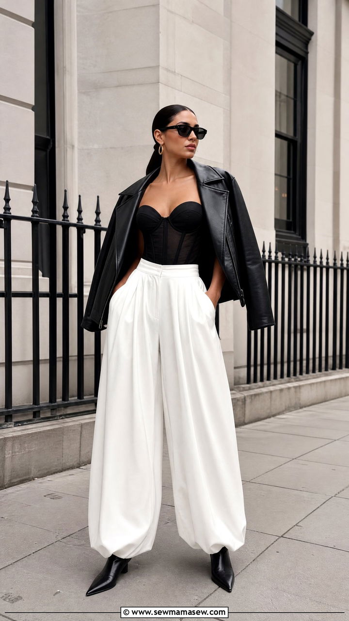 White balloon pants with a corset top and leather jacket - 25 how to style balloon pants outfits