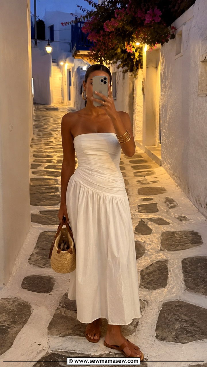 White bandeau dress with gold hoop earrings - 25 Mykonos outfit ideas