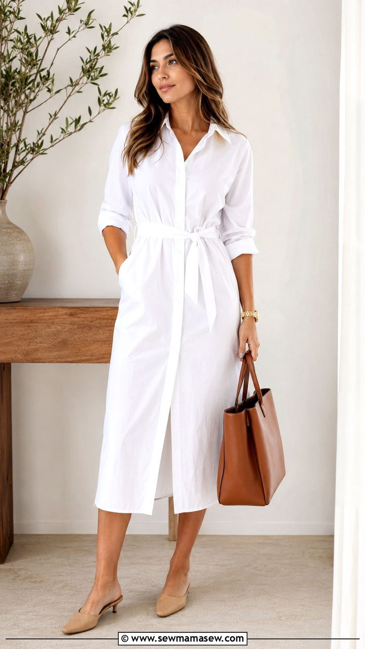 White belted shirt dress with structured tote - 25 White dress outfit ideas summer 2026