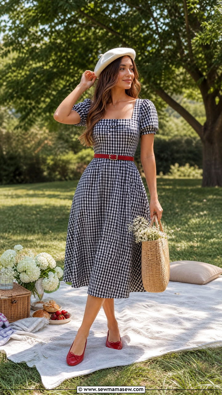White beret with a gingham dress - 35 Beret outfit ideas